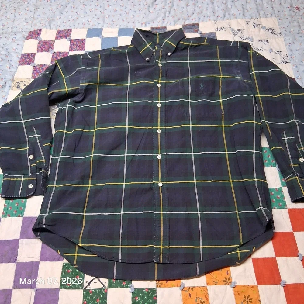 VTG Polo by Ralph Lauren Big Shirt Blue and Green Plaid Size Medium Distressed